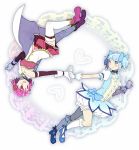  2girls :d alternate_color belt blue_eyes blue_footwear blue_hair blue_neckwear blue_ribbon blush boots breasts bubble_skirt choker collarbone color_switch dot_nose fortissimo fortissimo_hair_ornament full_body gloves hair_ornament hair_ribbon hairclip hands_together happy heart heart_background kaname_madoka kirikuchi_riku looking_at_another mahou_shoujo_madoka_magica medium_breasts miki_sayaka multiple_girls open_mouth outstretched_arm pink_footwear pink_hair puffy_short_sleeves puffy_sleeves red_skirt ribbon short_hair short_sleeves short_twintails simple_background skirt smile socks soul_gem strapless thighhighs twintails upside-down white_background white_gloves white_legwear white_skirt 