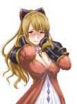  1girl bangs blonde_hair blush bow breasts brown_eyes cleavage dress full-face_blush gauntlets granblue_fantasy hair_bow hands_on_own_face ishii_hisao large_breasts long_hair looking_at_viewer pink_dress ribbon simple_background smile solo upper_body vira_lilie white_background yandere_trance 