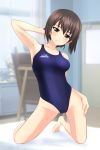  1girl absurdres bangs barefoot bed blue_swimsuit blurry breasts brown_eyes brown_hair collarbone competition_swimsuit depth_of_field easel full_body girls_und_panzer highres indoors kneeling leaning_to_the_side looking_at_viewer medium_breasts nishizumi_maho one-piece_swimsuit parted_lips short_hair solo swimsuit takafumi window 