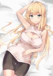  1girl absurdres arm_up armpits bare_arms bare_shoulders bed_sheet bike_shorts black_shorts blonde_hair breasts cleavage commentary_request elf green_eyes highres k-doku large_breasts long_hair looking_at_viewer lying meme_attire on_back open-chest_sweater original pointy_ears shorts sidelocks sleeveless_sweater solo sweater thigh_gap very_long_hair 