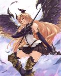  1girl armor bangs bare_shoulders belt black_gloves black_legwear black_wings blonde_hair breastplate breasts brown_eyes brown_skirt character_request cloud dark_angel_olivia dual_wielding elbow_gloves feathered_wings feathers flying gloves hair_ornament highres holding holding_sword holding_weapon horns knee_pads long_hair looking_at_viewer medium_breasts miniskirt nos open_mouth pleated_skirt shingeki_no_bahamut skirt sleeveless solo swept_bangs sword thighs v-shaped_eyebrows very_long_hair weapon wings 