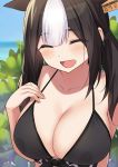  1girl :d ^_^ animal_ears bangs bare_shoulders bikini black_bikini black_hair black_hairband blush breasts cccpo cleavage closed_eyes collarbone commentary_request cow_ears day eyebrows_visible_through_hair facing_viewer fake_animal_ears hairband hand_on_own_chest highres large_breasts long_hair multicolored_hair open_mouth original outdoors smile solo swimsuit twintails two-tone_hair white_hair 