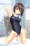  1girl absurdres bangs barefoot bed black_swimsuit blurry breasts brown_eyes brown_hair collarbone commentary_request competition_swimsuit depth_of_field easel full_body girls_und_panzer highres indoors kneeling leaning_to_the_side looking_at_viewer medium_breasts nishizumi_maho one-piece_swimsuit parted_lips short_hair solo swimsuit takafumi window 