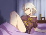  1girl arm_support blue_shorts boyshorts breasts breasts_apart brown_shirt clock closed_mouth confused curtains fate/grand_order fate_(series) grey_hair half-closed_eyes indoors ishii_hisao jeanne_d&#039;arc_(alter)_(fate) jeanne_d&#039;arc_(fate)_(all) knee_up medium_breasts off-shoulder_shirt off_shoulder shirt short_hair shorts single_bare_shoulder solo waking_up yellow_eyes 