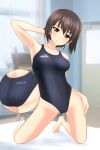  1girl absurdres ass bangs barefoot bed black_swimsuit blurry breasts brown_eyes brown_hair collarbone competition_swimsuit depth_of_field easel full_body girls_und_panzer highres indoors inset kneeling leaning_to_the_side looking_at_viewer medium_breasts nishizumi_maho one-piece_swimsuit parted_lips short_hair solo swimsuit takafumi window 
