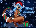  anthro bedroom_eyes blue_eyes blue_hair bouncyotter breasts brown_body brown_fur christmas cleavage clothed clothing colored_nails female fur hair hat headgear headwear holidays looking_at_viewer lutrine mammal mustelid nails narrowed_eyes santa_hat seductive shawnthegirl solo 