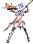  1girl armor black_gloves blue_eyes blue_hair boots bracer breasts character_request closed_mouth copyright_request full_body gloves hair_between_eyes hands_up headband holding holding_weapon horn ishii_hisao legs_apart looking_at_viewer medium_breasts monster_hunter navel pelvic_curtain polearm simple_background smile solo spear strapless tubetop weapon white_background 
