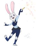  2016 anthro clothed clothing disney fully_clothed fur grey_body grey_fur holding_object judy_hopps lagomorph leporid mammal open_mouth open_smile police_uniform purple_eyes rabbit sagara_shino simple_background smile solo uniform white_background zootopia 