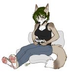  2020 4_toes 5_fingers anthro breasts canid canine canis clothed clothing coyote digital_media_(artwork) female fingers green_eyes green_hair hair kaitycuddle mammal sitting solo toes 