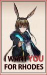  1girl akira_(aristole) amiya_(arknights) animal_ears arknights bangs beige_background black_jacket blue_eyes border brown_hair bunny_ears commentary english_text hair_between_eyes hand_up highres i_want_you jacket jewelry long_hair long_sleeves looking_at_viewer open_clothes open_jacket parody pointing pointing_at_viewer ring shirt solo upper_body white_shirt 