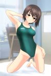  1girl absurdres bangs barefoot bed blurry breasts brown_eyes brown_hair collarbone competition_swimsuit depth_of_field easel full_body girls_und_panzer green_swimsuit highres indoors kneeling leaning_to_the_side looking_at_viewer medium_breasts nishizumi_maho one-piece_swimsuit parted_lips short_hair solo swimsuit takafumi window 