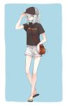  1girl alternate_costume alternate_hairstyle ba_gua bag baseball_cap fate/grand_order fate_(series) gray_(lord_el-melloi_ii) green_eyes grey_hair handbag hat highres lord_el-melloi_ii_case_files nemugiko ponytail sandals shirt shorts sidelocks solo t-shirt trigram 