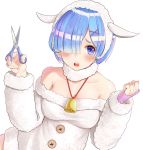  1girl akamahura animal_costume bangs bare_shoulders bell blue_eyes blue_hair blush breasts collarbone commentary_request dress fur_collar fur_trim hair_ornament hair_over_one_eye highres holding holding_scissors long_sleeves looking_at_viewer off-shoulder_dress off_shoulder open_mouth re:zero_kara_hajimeru_isekai_seikatsu rem_(re:zero) scissors sheep_costume sheep_hair_ornament short_hair simple_background solo white_background white_dress x_hair_ornament 