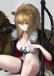  1girl absurdres animal_ears arknights bangs black_choker black_jacket breasts brown_eyes brown_hair candy choker cleavage commentary_request cutoffs eyebrows_visible_through_hair feet_out_of_frame food grey_background hair_between_eyes highres holding holding_food jacket korean_commentary large_breasts lion lion_ears lion_tail lollipop long_hair long_sleeves looking_at_viewer mixed-language_commentary monegi open_clothes open_jacket parted_lips partial_commentary red_shorts shadow shirt short_shorts shorts siege_(arknights) simple_background sitting t-shirt tail thighs weapon white_shirt 