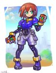  1girl aile bodystocking bodysuit breasts brown_hair closed_mouth commentary_request gloves green_eyes highres looking_at_viewer oomasa_teikoku robot_ears rockman rockman_exe short_hair shorts skin_tight smile solo spandex 