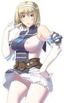  :p alternate_color armor armored_dress belt blonde_hair blush breasts cassandra_alexandra elbow_gloves gloves green_eyes hairband kansuke large_breasts nipples no_panties pantyhose see-through short_hair solo soulcalibur tongue tongue_out white_background white_legwear wind wind_lift 