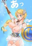  blue_eyes braid breasts earrings hair_ornament jewelry large_breasts long_hair magic mature no_bra open_clothes open_mouth open_shirt panties satou_shouji shield shirt solo sophitia_alexandra soulcalibur surprised sword underwear wardrobe_malfunction weapon white_panties 