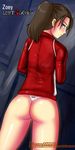  ass blue_eyes blush brown_hair jacket left_4_dead legs panties ponytail solo standing thighs thong underwear white_panties zoey_(left4dead) 