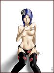  blue_eyes blue_hair covering_breasts hair_ornament konan nail_polish naruto thighhighs topless 