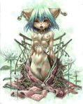  1girl aqua_hair bell blush breasts cat_eyes daena danae earrings fangs flower furry green_eyes jewelry katzeh legend_of_mana looking_at_viewer multi_breast navel nipples open_mouth pussy ribs saliva skinny slit_pupils solo water wet 