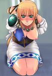  artist_request bdsm blonde_hair blush bondage bound breasts green_eyes kneeling large_breasts long_hair open_clothes open_shirt rope shirt solo sophitia_alexandra soulcalibur 