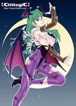  animal_print bat_print bat_wings boots breasts breasts_outside bridal_gauntlets claws demon_girl fang green_hair head_wings high_heels large_breasts leotard long_hair looking_at_viewer mihoto_kouji moon morrigan_aensland nipples off_shoulder pantyhose print_legwear purple_eyes solo succubus sweat torn_clothes torn_legwear vampire_(game) watermark web_address wings 