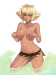  :3 amazon blonde_hair breasts covering covering_breasts dark_skin kagami_hirotaka kneeling large_breasts marguerite one_piece red_eyes short_hair solo topless water wet 