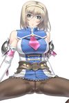  blonde_hair breasts cassandra_alexandra elbow_gloves gloves green_eyes kansuke large_breasts miniskirt necktie nipples pantyhose pink_neckwear short_hair skirt solo soulcalibur spread_legs 