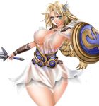  1girl blonde_hair blue_eyes braid breasts curvy huge_breasts long_hair see-through shield solo sophitia_alexandra soulcalibur soulcalibur_iv sword weapon wide_hips 