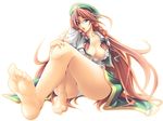  areolae barefoot blue_eyes braid breasts feet foreshortening fuyuwa_kotatsu hat hong_meiling large_breasts legs long_hair long_toenails open_clothes open_mouth open_shirt panties pov_feet red_hair shirt sitting soles solo toenails toes touhou underwear white_panties 