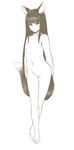  animal_ears barefoot crossed_legs feet flat_chest highres hips holo kuontendou legs long_hair monochrome nude pussy smile spice_and_wolf standing tail wolf_ears wolf_tail 