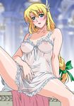  babydoll blonde_hair blush braid breasts earrings green_eyes hair_ornament jewelry large_breasts long_hair mature nipples no_panties pubic_hair ribbon rudoni see-through single_braid sitting solo sophitia_alexandra soulcalibur 