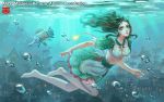  1girl alice:_madness_returns alice_(wonderland) alice_in_wonderland american_mcgee&#039;s_alice apron black_hair breasts closed_mouth commentary dress green_eyes jupiter_symbol long_hair looking_at_viewer shui_qian_he_kafei underwater 
