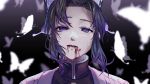  1girl absurdres black_hair blood blood_from_mouth bug butterfly butterfly_hair_ornament crying dying gradient_hair hair_intakes hair_ornament highres insect kimetsu_no_yaiba kochou_shinobu looking_at_viewer multicolored_hair portrait purple_eyes purple_hair shiny shiny_hair short_hair solo spoilers tears unknown0791 