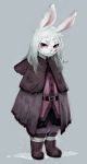  ambiguous_gender belt black_eye_(injury) boots bruised cloak clothing crookedtrees footwear hair hi_res lagomorph leporid long_hair looking_at_viewer mammal rabbit simple_background solo standing water 