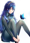  1girl ameno_(a_meno0) black_sweater blue_eyes blue_hair bug butterfly butterfly_on_knee closed_mouth commentary_request eyebrows_visible_through_hair fire_emblem fire_emblem_awakening hair_between_eyes insect lips long_hair looking_at_viewer lucina_(fire_emblem) ribbed_sweater shiny shiny_hair simple_background sitting smile solo sweater tiara turtleneck turtleneck_sweater white_background 