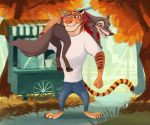  barefoot blush bottomwear brown_body brown_fur bukoya-star canid canine canis carrying clothing detailed_background disney felid fur grass mammal officer_fangmeyer officer_wolfard open_mouth open_smile orange_body orange_fur outside pantherine pants shirt smile standing striped_body striped_fur stripes t-shirt tiger topwear tree wolf zootopia 