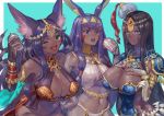  3girls absurdres animal_ears aqua_background bandaged_arm bandaged_hands bandages bare_shoulders black_gloves black_hair blue_eyes breasts bubble_tea bubble_tea_challenge bunny_ears cleavage closed_mouth covered_navel cup dark_skin elbow_gloves eyebrows_visible_through_hair fake_animal_ears fate/grand_order fate_(series) fingerless_gloves gloves green_eyes hairband highres holding holding_cup huge_filesize long_hair makeup multiple_girls navel nitocris_(fate/grand_order) one_eye_closed open_mouth purple_hair queen_of_sheba_(fate/grand_order) scheherazade_(fate/grand_order) simple_background smile sweat tapioka_chaso tongue two-tone_background upper_body white_background 
