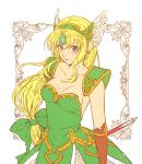  1girl blonde_hair blue_eyes blush breasts cleavage closed_mouth helmet highres jugemu_(qqkyon) long_hair looking_at_viewer low-tied_long_hair riesz seiken_densetsu seiken_densetsu_3 solo very_long_hair winged_helmet 