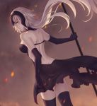  1girl backless_dress backless_outfit black_dress black_gloves black_legwear breasts butt_crack closed_mouth cowboy_shot dress elbow_gloves elsa_(g557744) fate/grand_order fate_(series) floating_hair from_behind gloves holding_polearm jeanne_d&#039;arc_(alter)_(fate) jeanne_d&#039;arc_(fate)_(all) long_hair looking_at_viewer medium_breasts shoulder_blades silver_hair solo standing thighhighs torn_clothes torn_dress very_long_hair yellow_eyes 