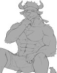  5_fingers abs accessory anthro blush bodily_fluids body_hair bottomwear bovid bovine cattle chest_hair clothed clothing fingers fur hair headband hi_res horn kenjilokung male mammal muscular muscular_male shennong simple_background sitting solo sweat sweatdrop tokyo_afterschool_summoners tongue tongue_out topless video_games white_background 