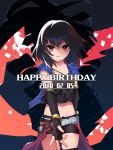  1girl :0 abstract_background bangs belt black_hair black_legwear black_shirt black_shorts blue_hoodie bracelet breasts commentary_request cowboy_shot dated elbow_gloves eyebrows_behind_hair fingerless_gloves gloves grimoire_~shiritsu_grimoire_mahou_gakuen~ happy_birthday highres hood hood_down hoodie jewelry kurusu_homura looking_at_viewer medium_hair midriff navel necklace omaguro reaching_out red_background red_eyes shirt short_hair short_shorts shorts sidelocks sleeveless sleeveless_hoodie sleeveless_shirt small_breasts solo thighhighs waist_cape white_belt 