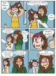  age_difference anthro blush breasts brown_body brown_fur brown_hair clothed clothing comic dialogue dressing english_text felid female fiona_(artist) fur hair hi_res lion male mammal pantherine purple_eyes text 