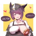  1girl :d arknights bangs beret blush character_request covered_nipples ditienan_ddn doughnut english_text eyebrows_visible_through_hair food gloves hair_ornament hat heart inverted_nipples looking_at_viewer one_breast_out open_mouth purple_eyes purple_hair short_hair smile solo 