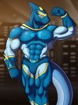  2020 abs absurd_res anthro biceps big_pecs blue_body bottomwear bulge clothing e-zoid empty_eyes fin fish flexing gloves handwear hi_res istume male marine mask muscular muscular_male pecs shark solo spandex standing steel_shark suit superhero tight_clothing 