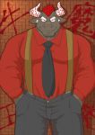  bovid bovine clothing fu_ren_chi gyumao hi_res horn male mammal muscular muscular_male necktie scar suit suspenders tokyo_afterschool_summoners video_games 