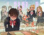 bangs blush brown_hair bullying chair classroom crying desk glasses haidara humiliation long_hair multiple_girls open_mouth original school_chair school_desk school_uniform short_hair smell steaming_body sweat tears topknot translation_request trembling 