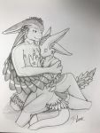  2020 3:4 3_fingers 4_ears absurd_res anthro avali claws crossed_legs duo embrace eyes_closed feathers fingers fur greyscale hi_res lunak-n-ohrahndus male monochrome multi_ear nude simple_background smile traditional_media_(artwork) 