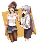  2girls asahina_aoi blue_eyes breasts brown_hair cleavage commentary_request danganronpa danganronpa_1 danganronpa_3 dark_skin gennoco hair_ornament kirigiri_kyouko long_hair looking_at_viewer medium_hair multiple_girls open_mouth ponytail shorts smile 