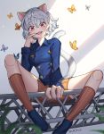  1girl animal_ears blush breasts buchu cat_ears cat_tail curly_hair hunter_x_hunter looking_at_viewer neferpitou open_mouth short_hair silver_hair smile solo tail 